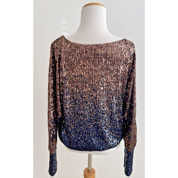 Trina Turk Sequins Top S Dolman Sleeves Lined Stretch Moonstone Midnight Shimmer - Picture 8 of 10